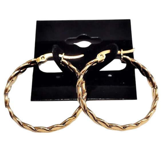 1 1/8 Inch 31mm Braided Hoop Pierced Post Earrings Gold Tone 3mm Wide Band - Picture 1 of 5